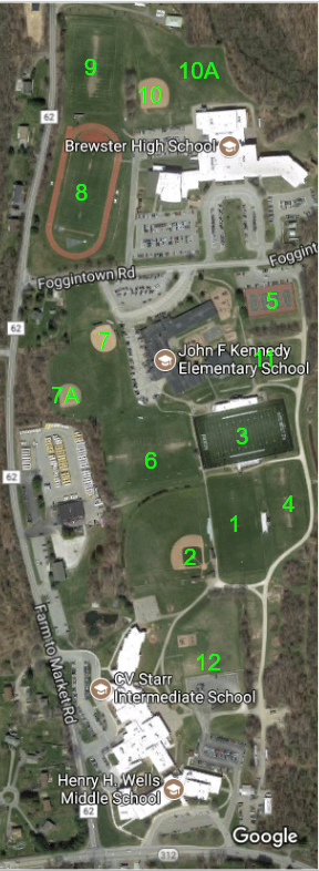 Map showing the location of 12 different fields on the Brewster campus