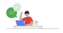 Drawing of a student in front of a laptop raising his hand 