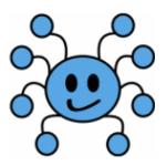 Blue drawing of a spider shaped figure with a smilie face in the center 