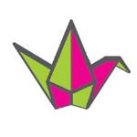 Pink and green geometric figure that looks like a joker's hat 