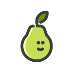 Drawing of a green pear with a smilie face on it. 